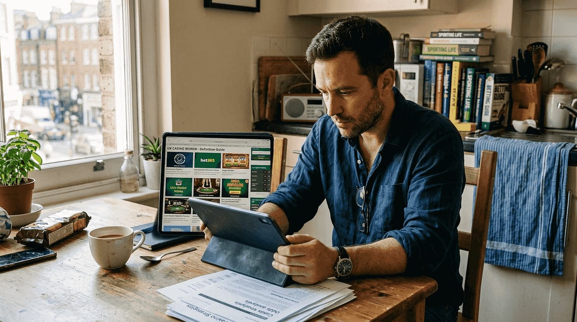 Person reading a casino review at kitchen table
