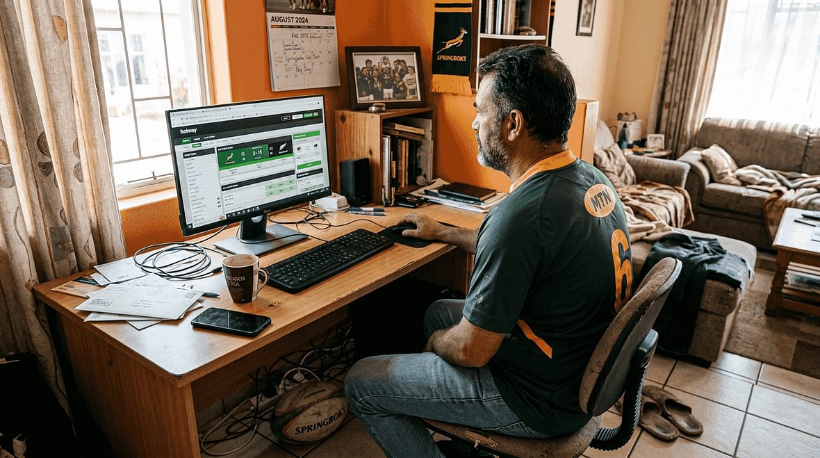 Man using betting site at home desk