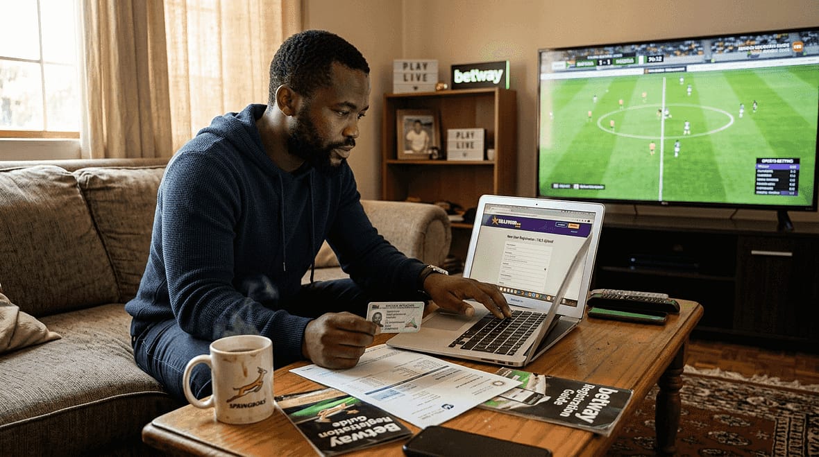Man registering on gambling site at home