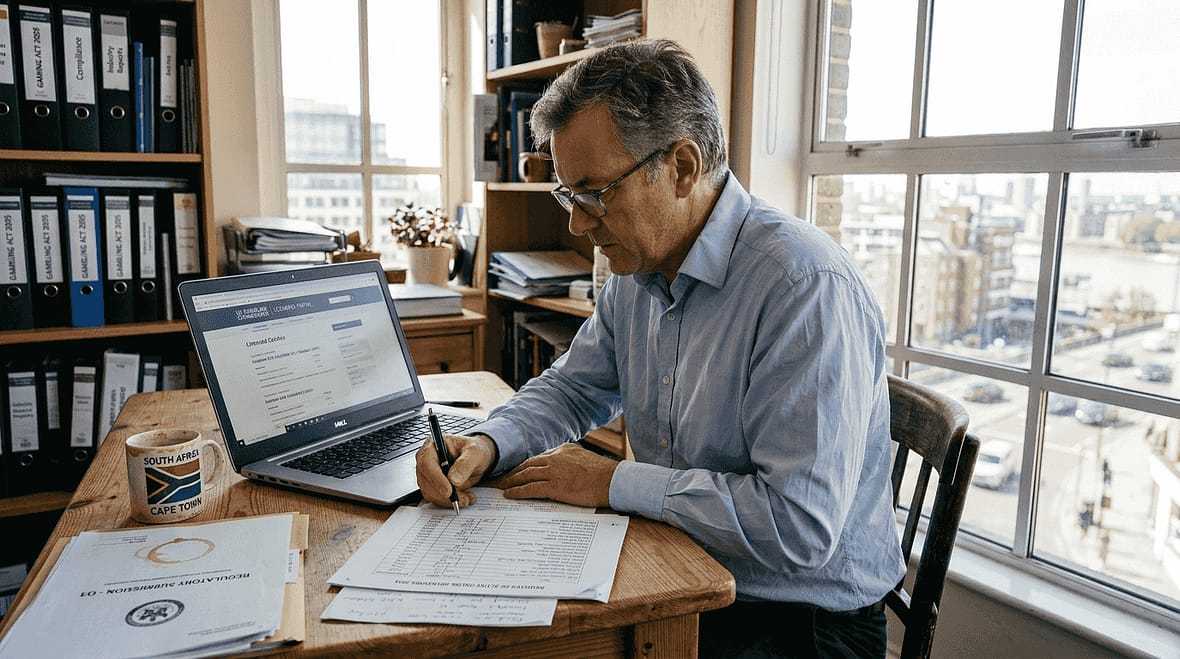 Man checking casino licence at cluttered office desk