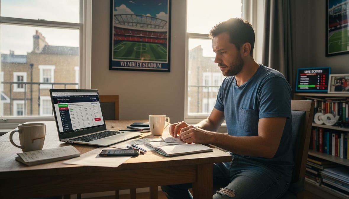 Man researching safe betting platforms at home