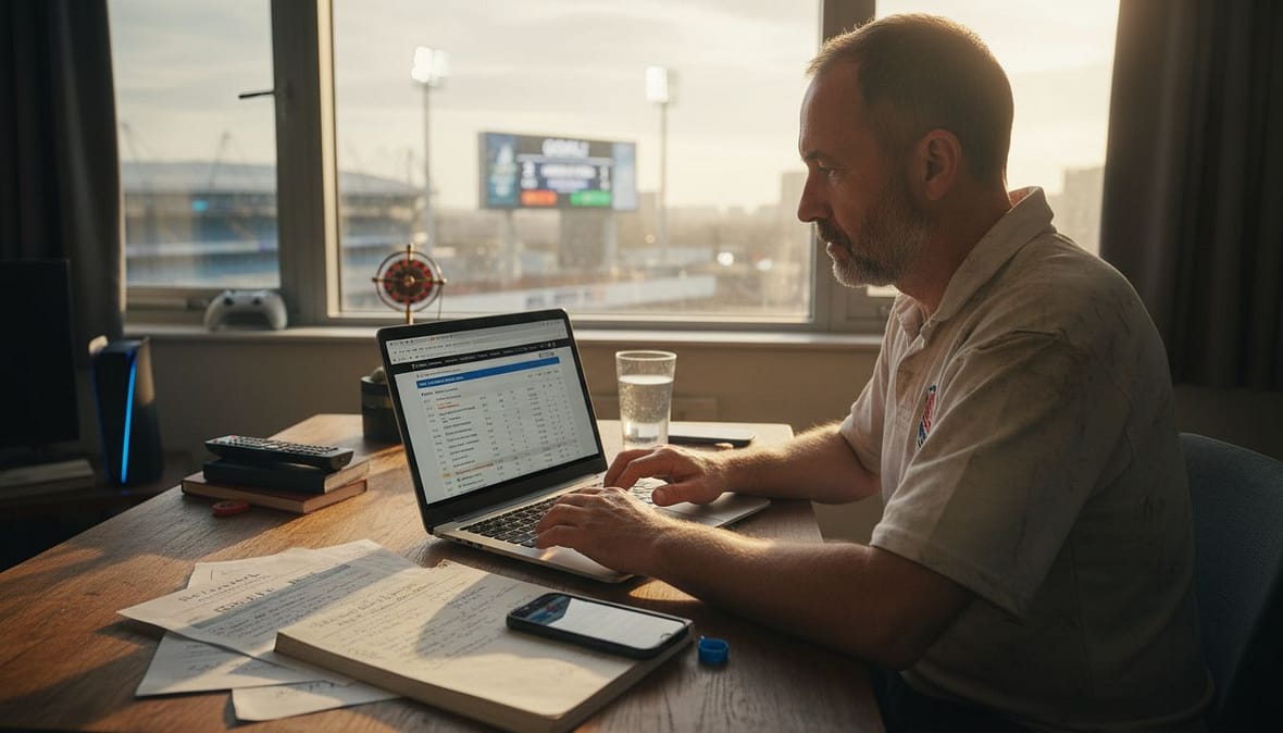 Man using laptop for sports betting setup