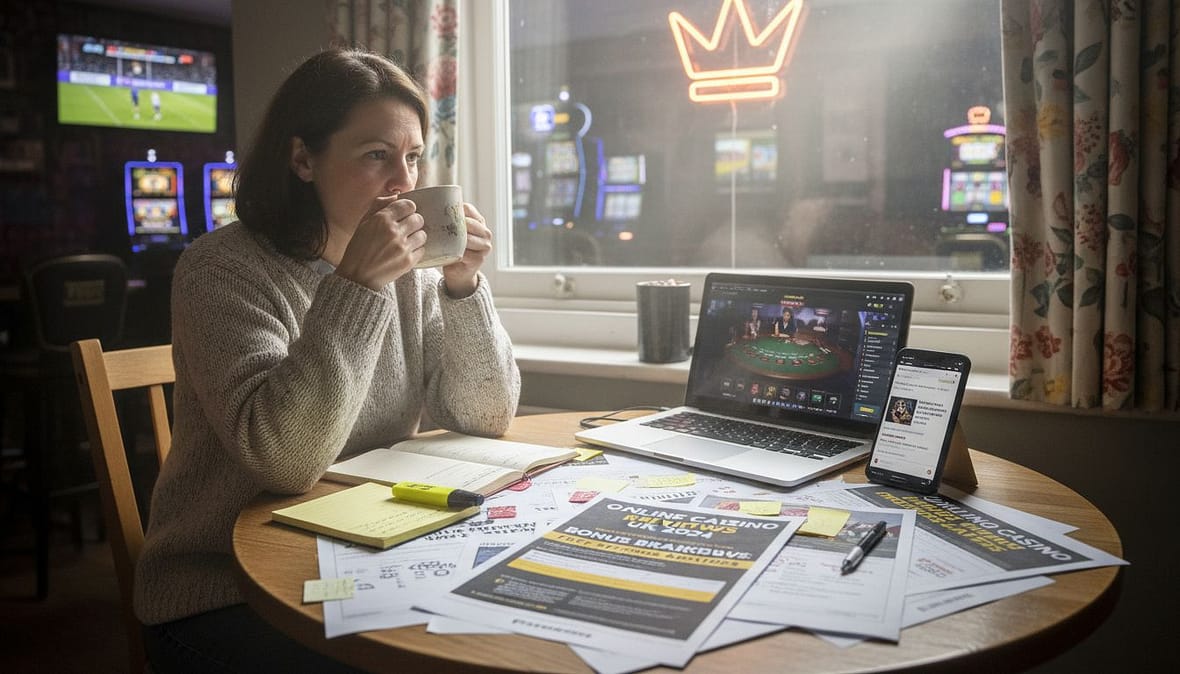 Person comparing casino review documents at kitchen table