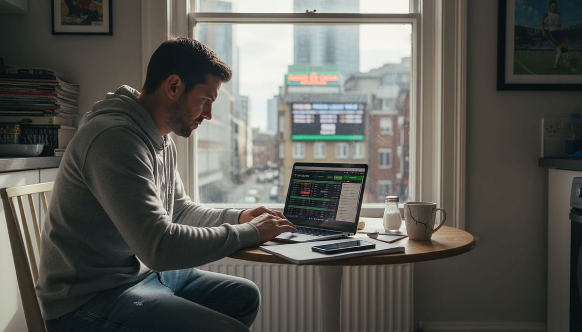 Man checking sports odds at laptop in kitchen
