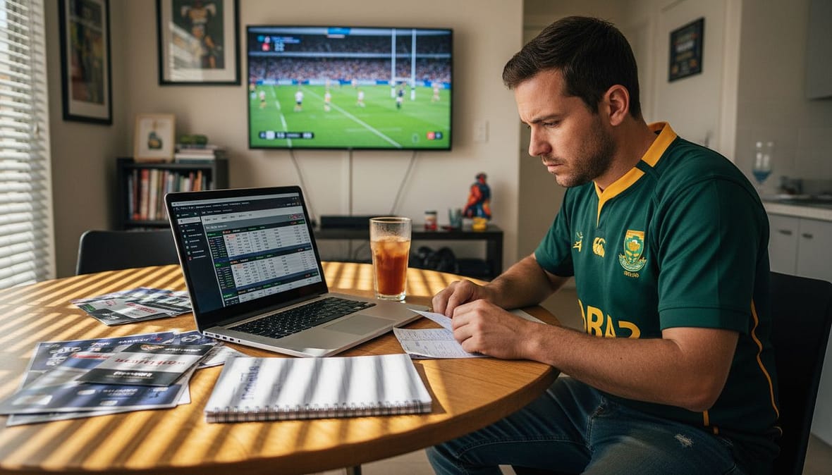 South African bettor studies betting slips at home