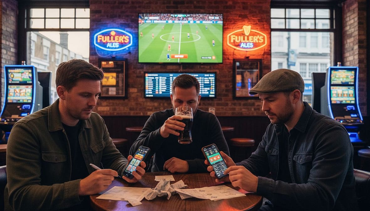 Men checking sports bets in busy sports bar