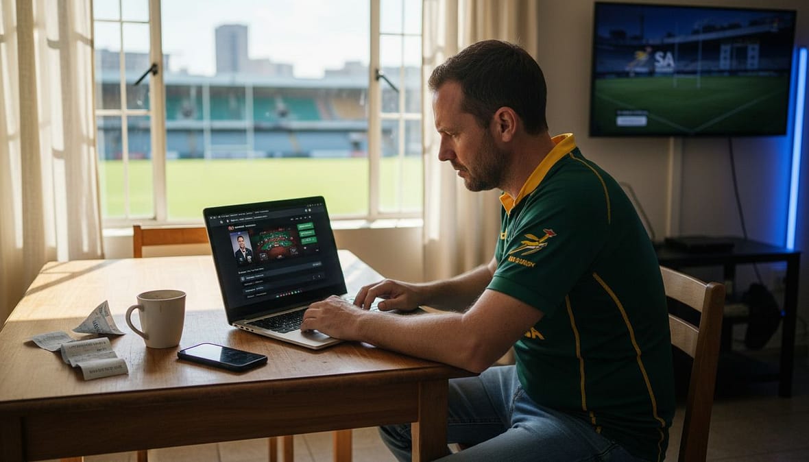 Man checking online gambling site at home