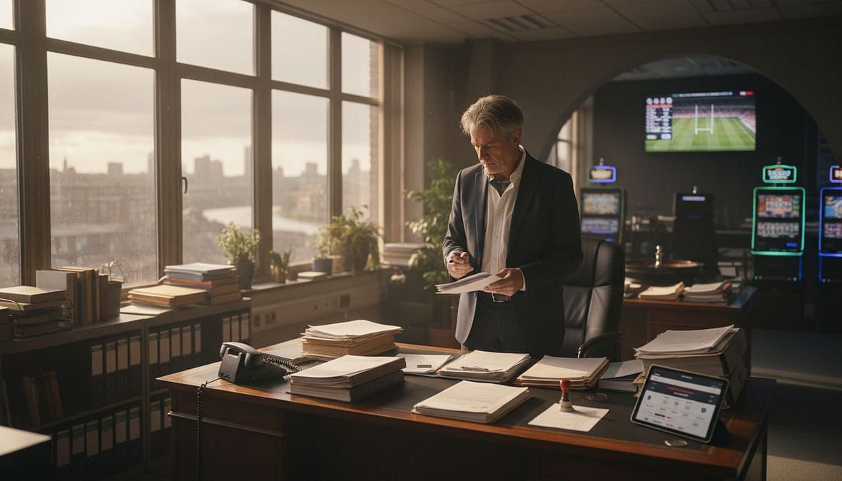 Legal advisor reviews gambling regulations in office