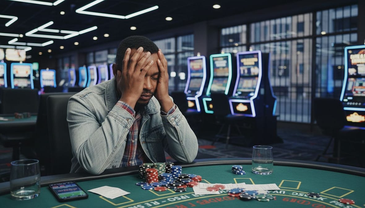 Man overwhelmed at casino blackjack table