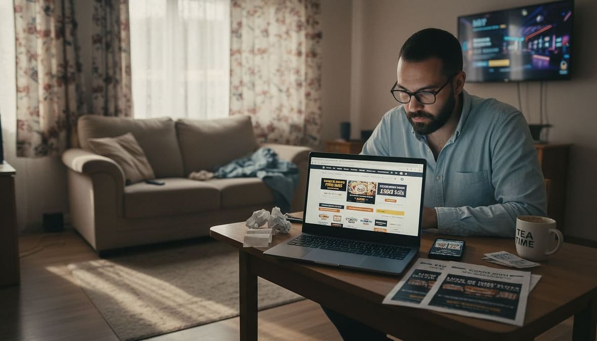 Man reviewing casino bonuses at home