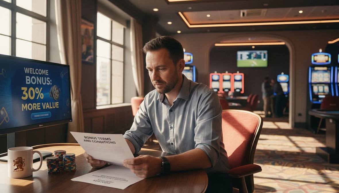 Man reviewing casino bonus terms in gaming room