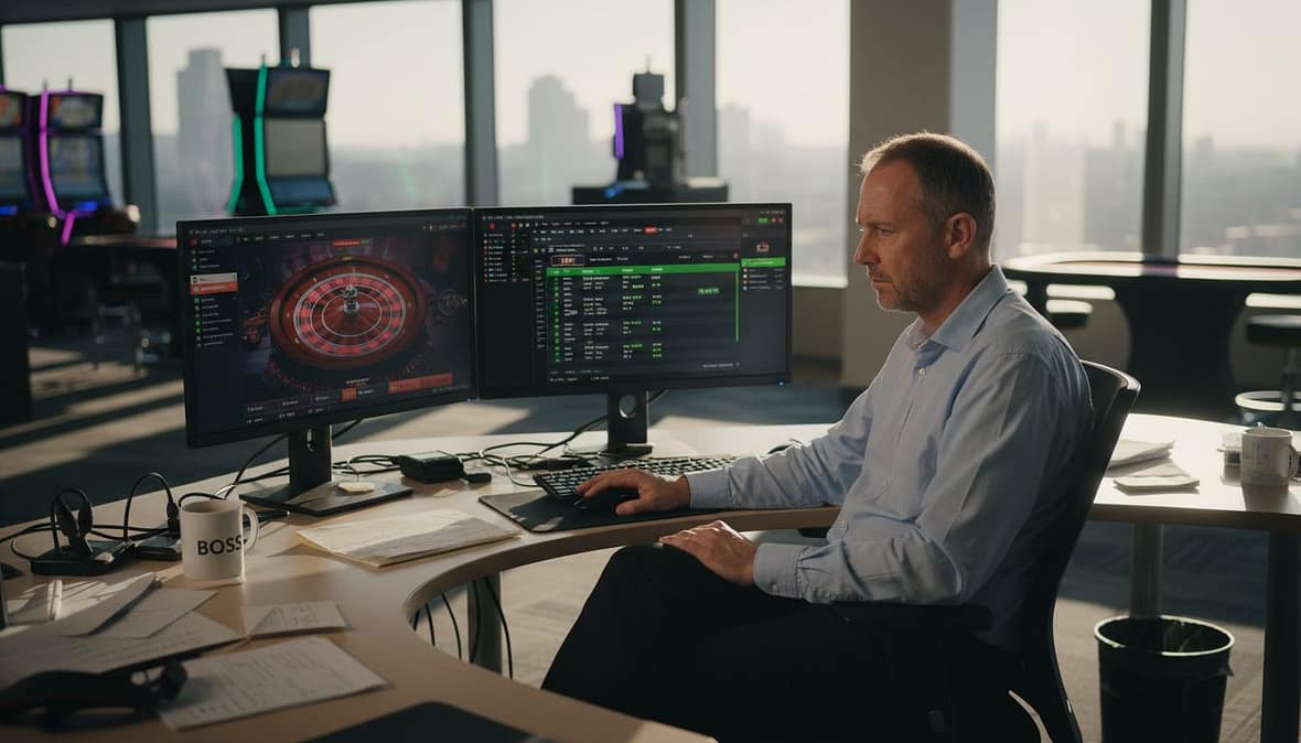 IT manager monitoring security screens in office