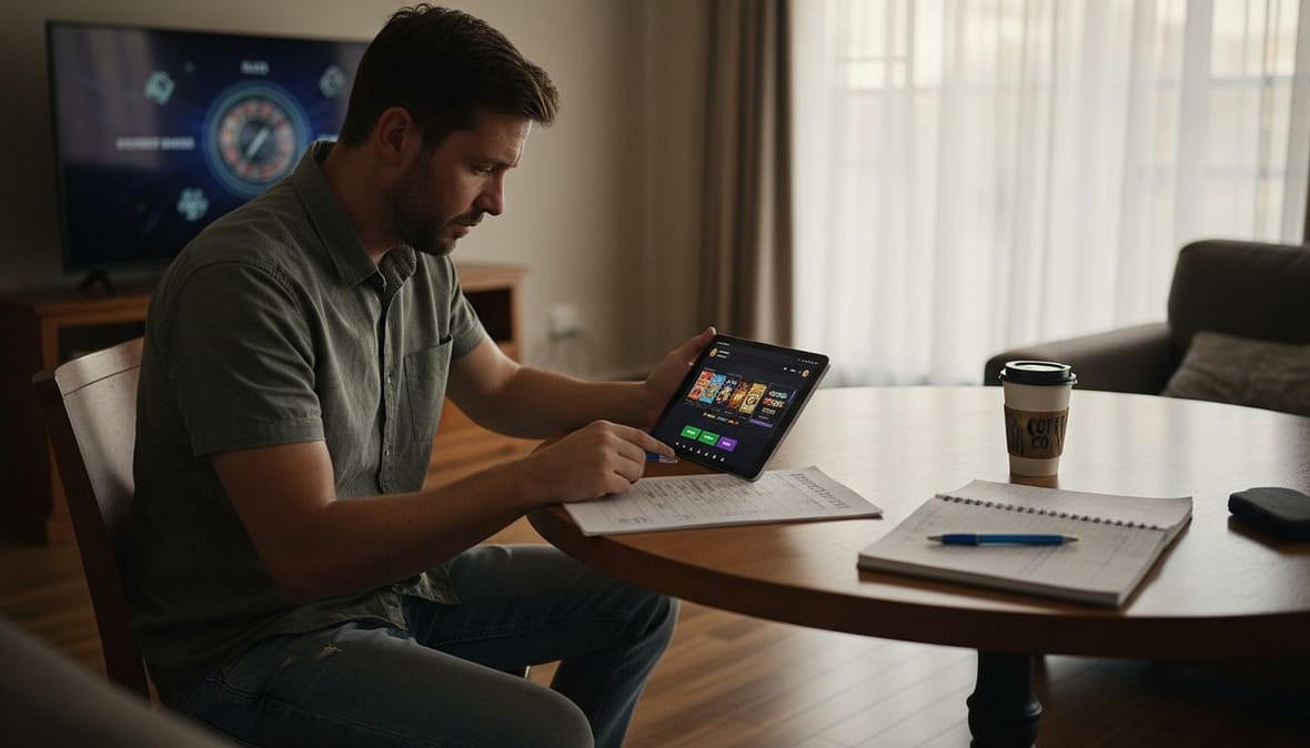 Man reviewing casino bonus checklist at home